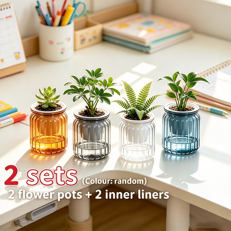 TEMU 2 Sets Automatic Watering Hydroponic Planter Set (2pcs Planters And 2pcs Inner Pots) - Vertical Striped Transparent Mini Planters With Removable