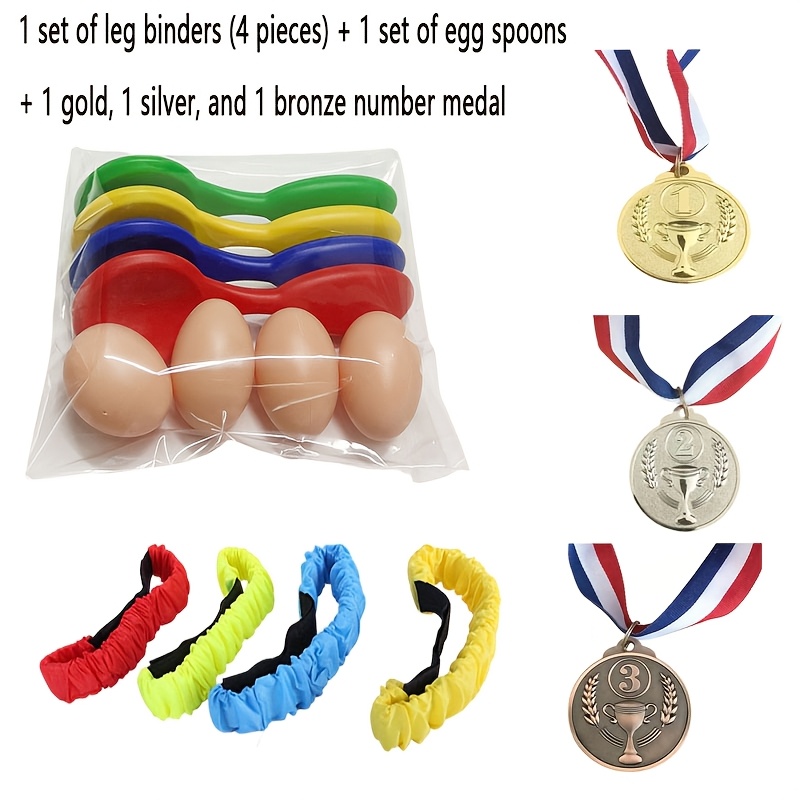 Image of 8pcs Outdoor Group Sports Set, Including Egg Spoons, 1 Set Of Leg Bands (4pcs), Number Medals, And Items For Athletic Agility Activities