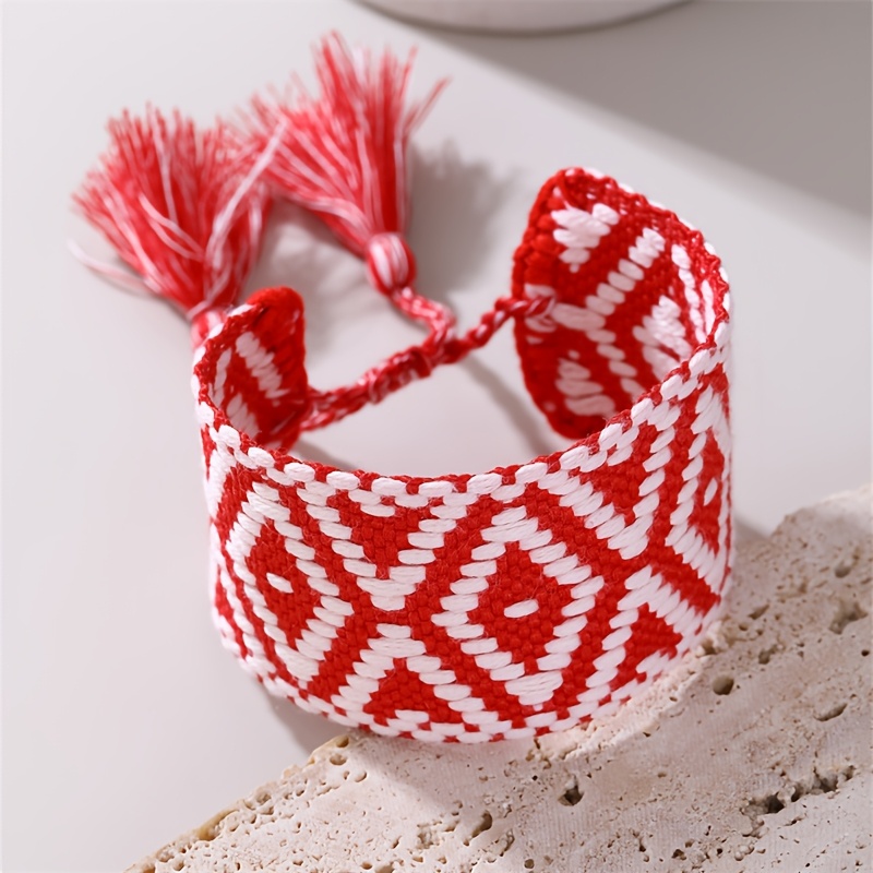 TEMU 1pc Pulsera Bohemia Tejida a con , Estilo Étnico, Bordo Ancho, Ajustable, con Borla Individual, Pulsera de Moda para Mujer