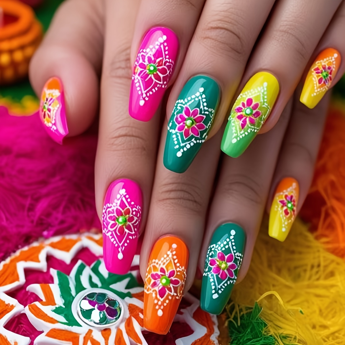 

24pcs Ballet Shaped Press-on Nails Set, Mixed Color Floral & Geometric Pattern, , Middle Length Fake Nails For Women And Girls, Includes Jelly Glue & Filing Strips