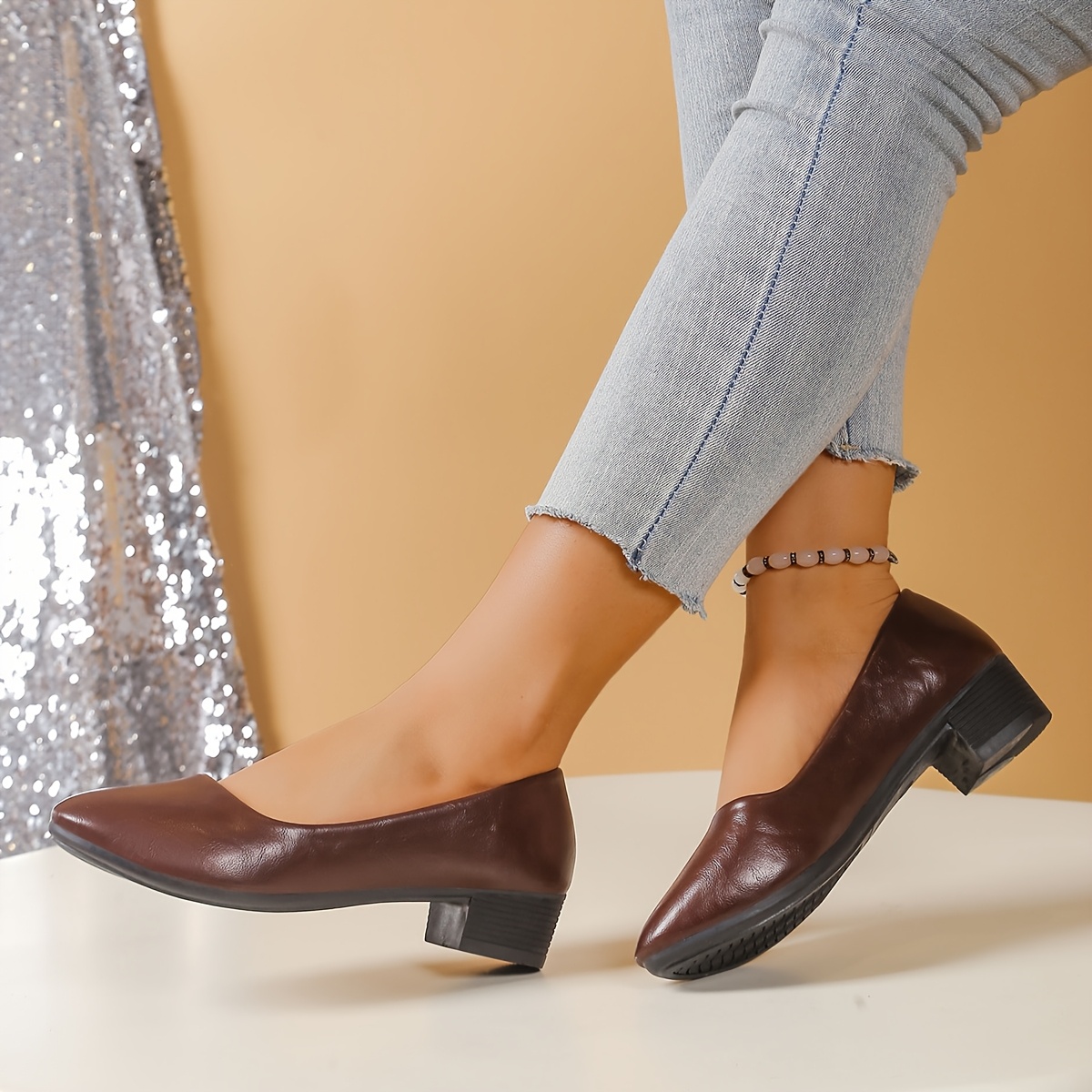 Women's Brown Block Heel Work Shoes Comfortable Non-Slip Rubber Sole,  Lightweight Cover for Standing All Day, Professional Intervi