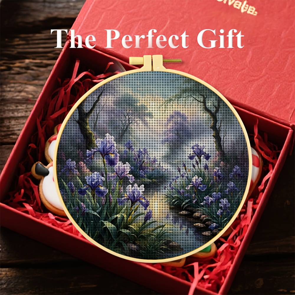 Cross Stitch Printed Kit, Frameless, Purple Flowers by The Stream Pattern