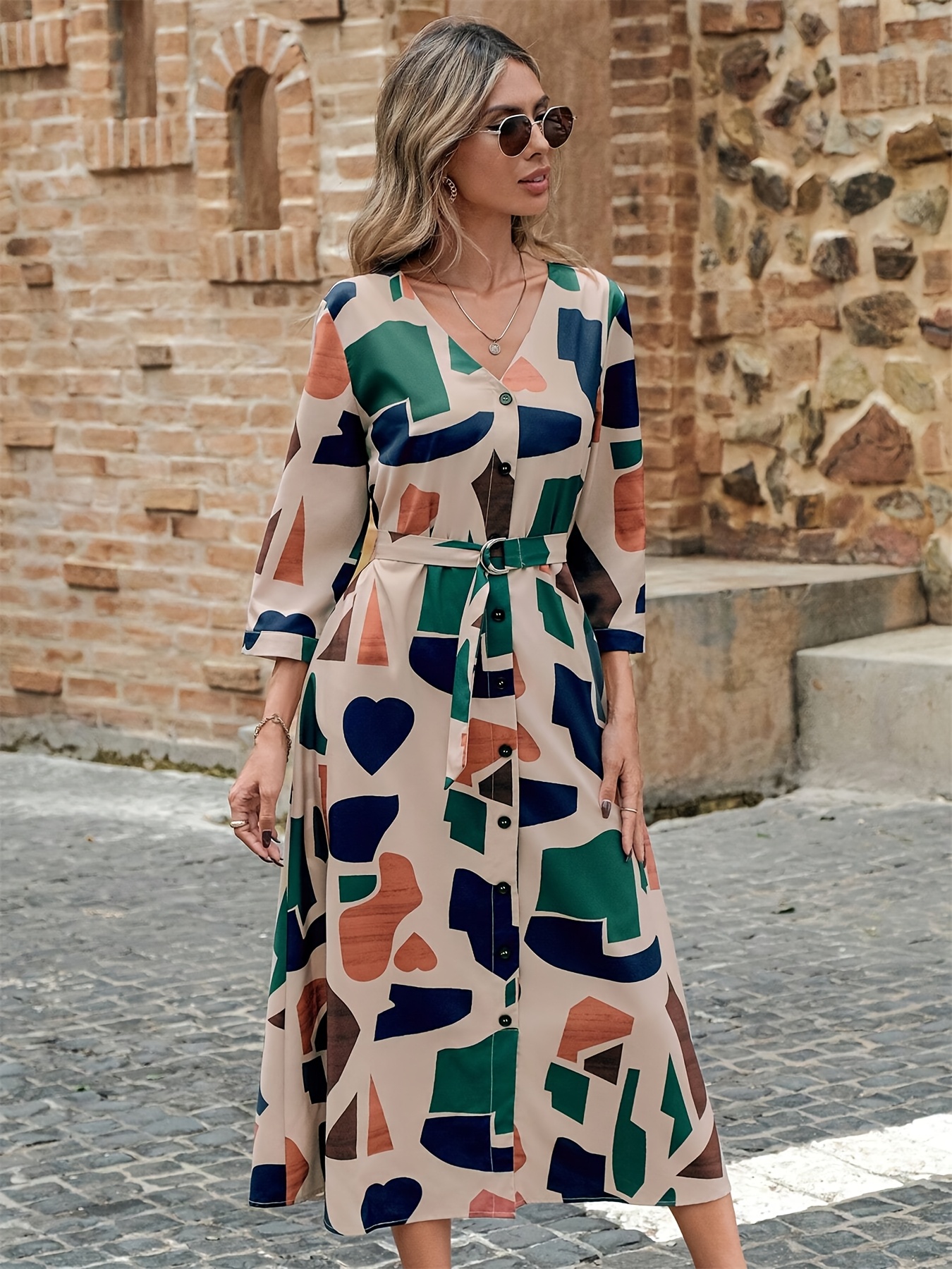 elegant v neck print midi dress polyester long sleeve - Temu Oman