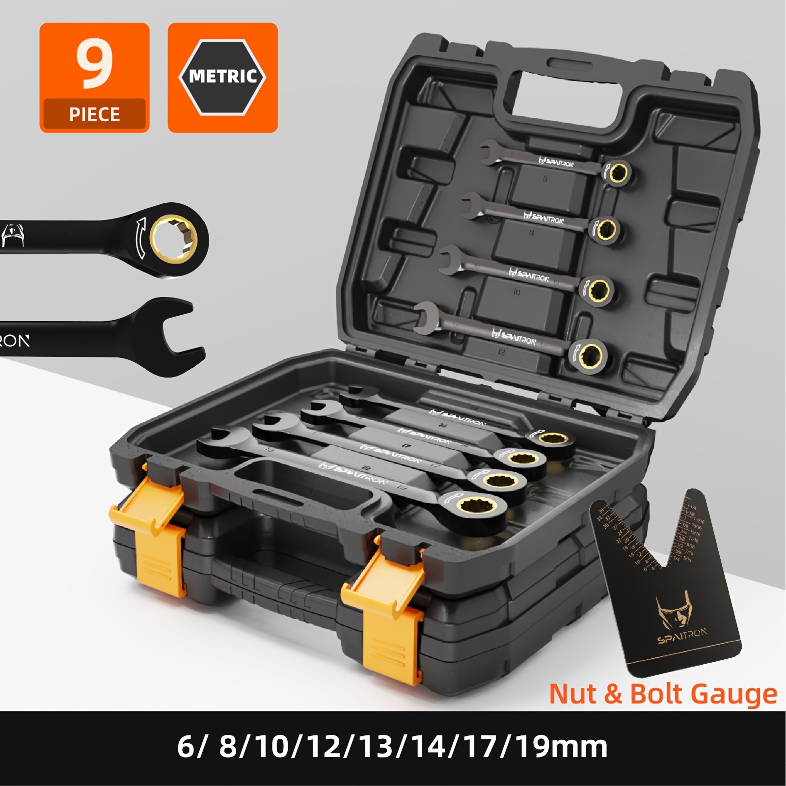 TEMU Spaitron 13/9pcs Ratchet Wrench Spanner Set, 6-19mm Metric, 72-teeth, Black Matte, Heavy Duty, With Organizer Box & Gauge, For Auto Repair Hand