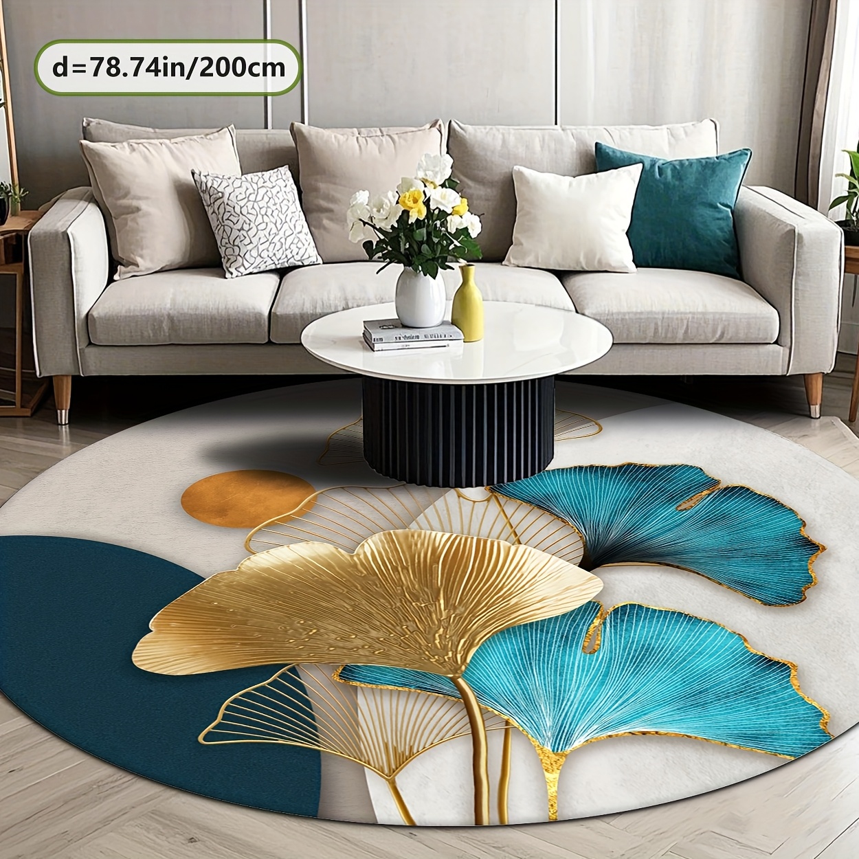 TEMU Golden Diamond Velvet   800g Per   Non-slip Point Plastic Bottom Round Mat, Blue Golden Ginkgo Leaf Three-dimensional Splicing Pattern Washable