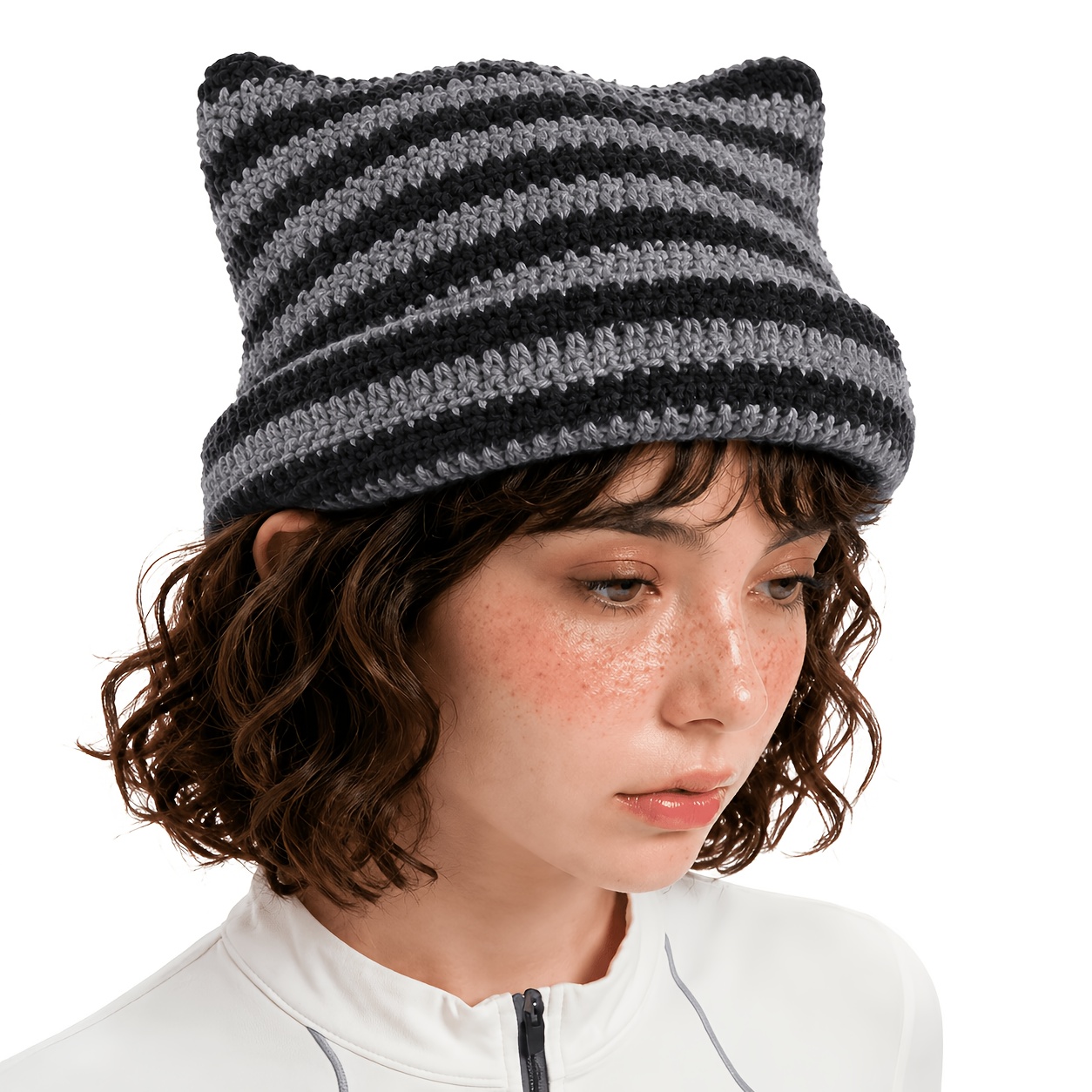 TEMU Cat Ear Warm Women's Hat, Striped Hat, Use, Gift For And , Couple Gift, Christmas Present, Ear Hat