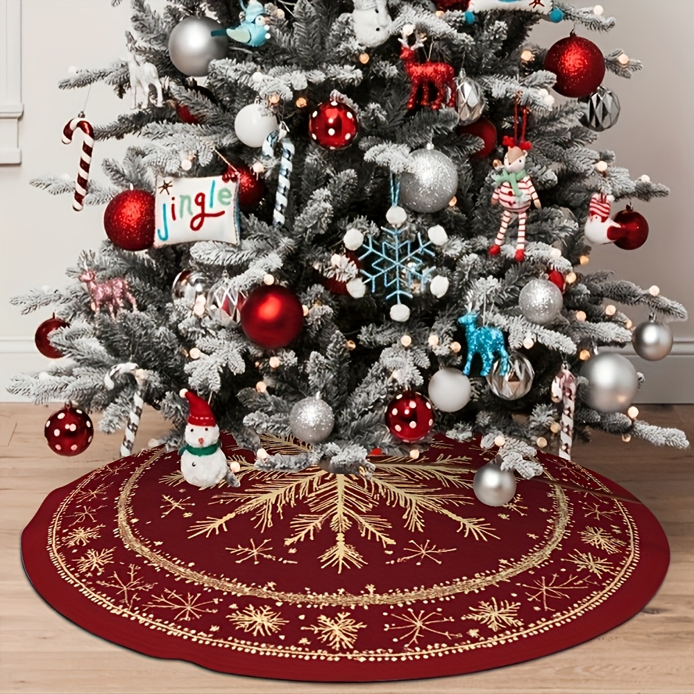 TEMU 1pc Christmas Tree Skirt, 2d Printed Christmas Tree Skirt With Red Background And Golden Snowflakes, Tree Mat Under Christmas Tree, Rug For And