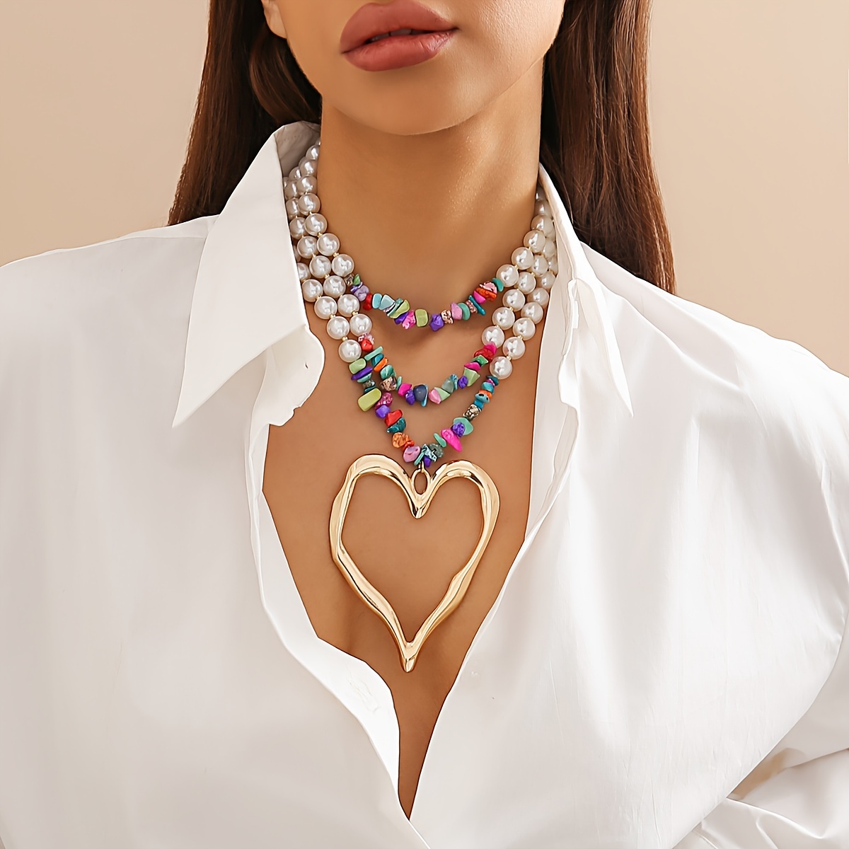 

1pc Bohemian Style Statement Necklace With Large Vintage Heart Pendant, Fashionable Layered Faux Pearl And Turquoise Beads, Women's Multi-strand Necklace Accessories Perfect For Vacation & Party