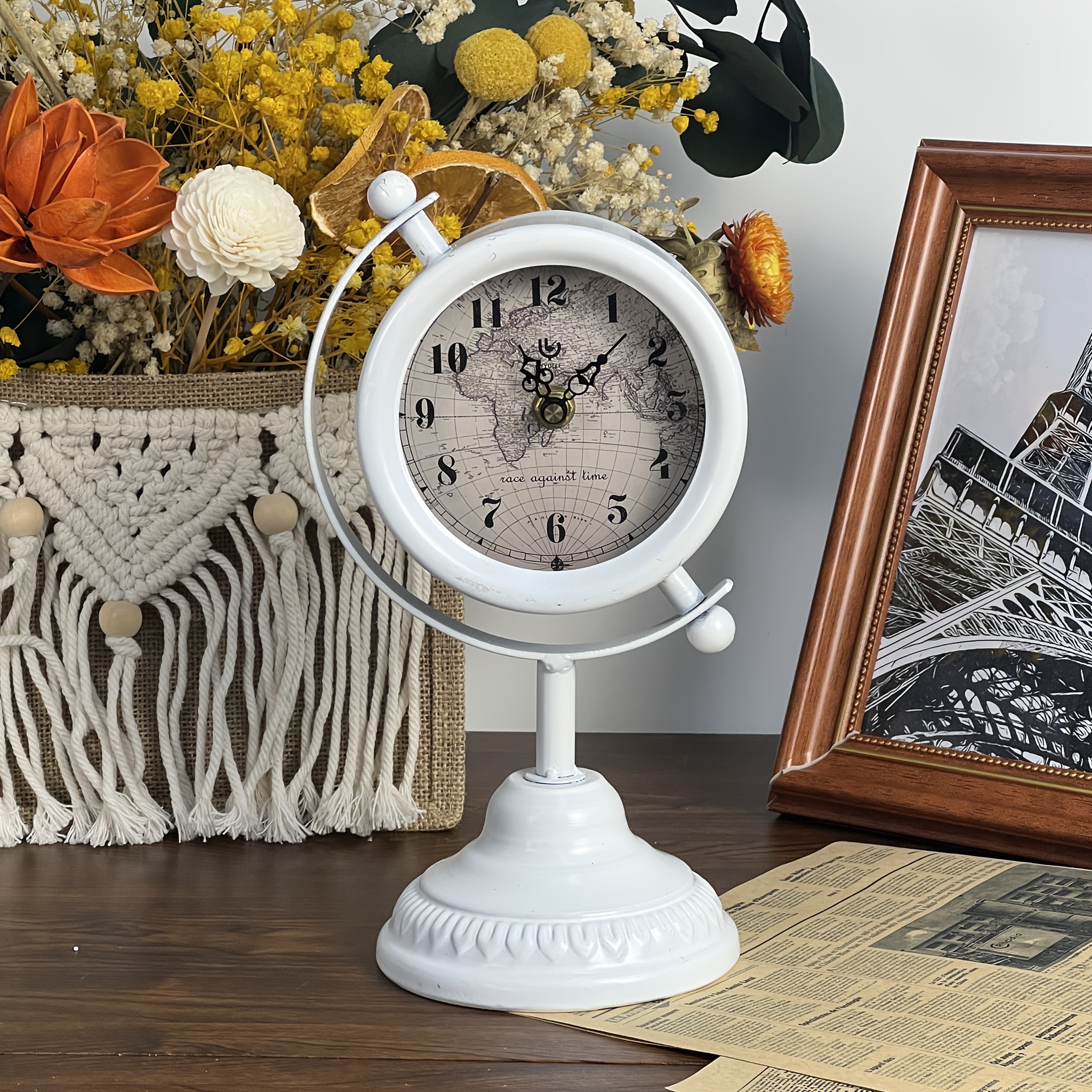 Orologio Da Tavolo Retrò In Legno E Ferro – Scritta HOME, Silenzioso (senza Ticchettio), Quarzo, 30x12x6 Cm, Per Casa Ufficio E Bar (Batteria AA Non Inclusa)