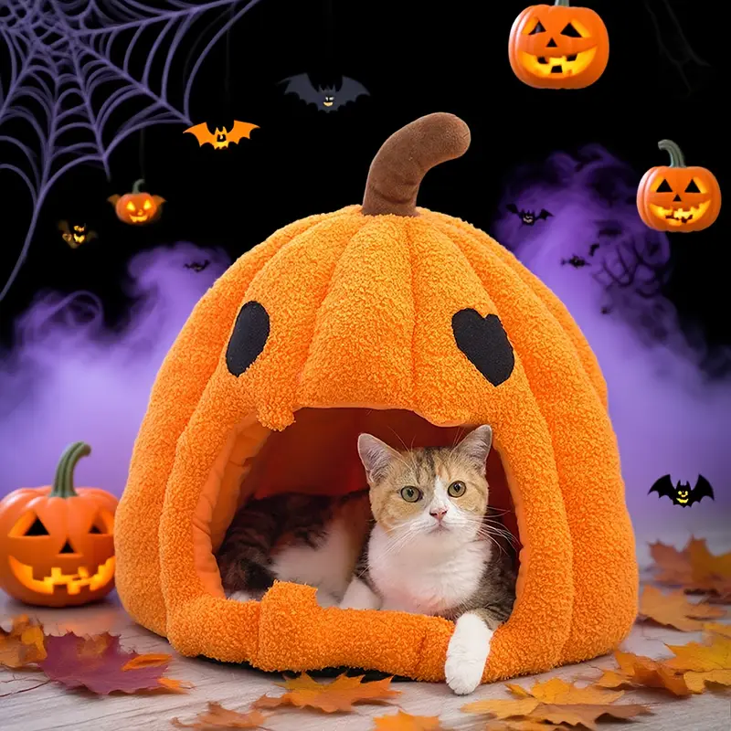 halloween pumpkin cat bed with removable mat soft and warm indoor tent for cats small dogs design mouth 4 season cozy shelter perfect halloween gift idea event accessory Product details 0