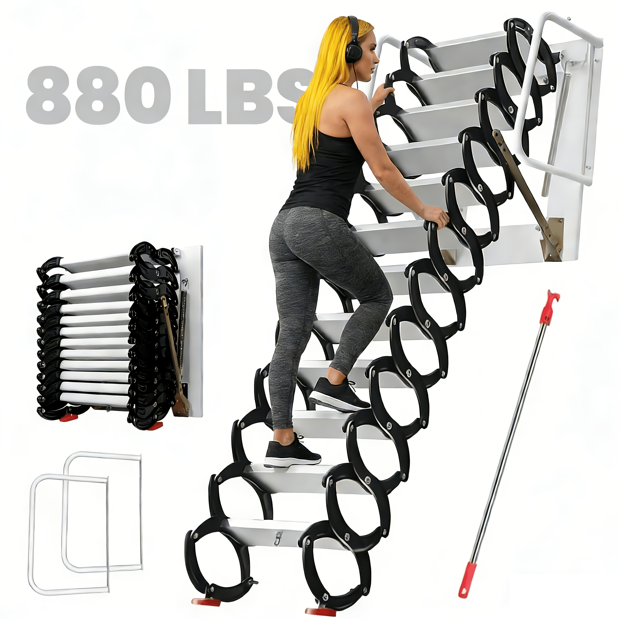 escalera telescópica plegable de   de aleación de aluminio y magnesio, color   y , de 10 pies, 12  , capacidad de carga de 880 lb,   en la pared para uso en  