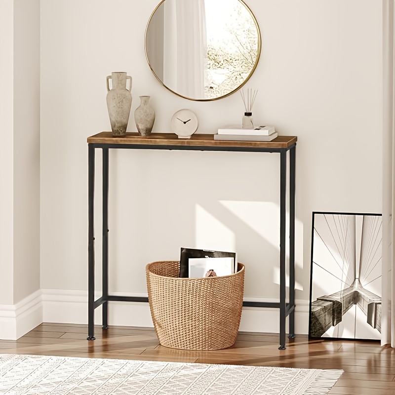 Slender Console Table, Narrow Entryway Table, Thin Sofa Side Table, Display Stand - Perfect for Hallways, Bedrooms, Living Rooms, and Foyers in Rustic Brown, Bedroom Furniture, Foyer Decor, Compact Furniture, Minimalist Design, Sturdy Metal Frame, Durable Fiberboard, Spacesaving Table, Interior Designers, Home Decorators