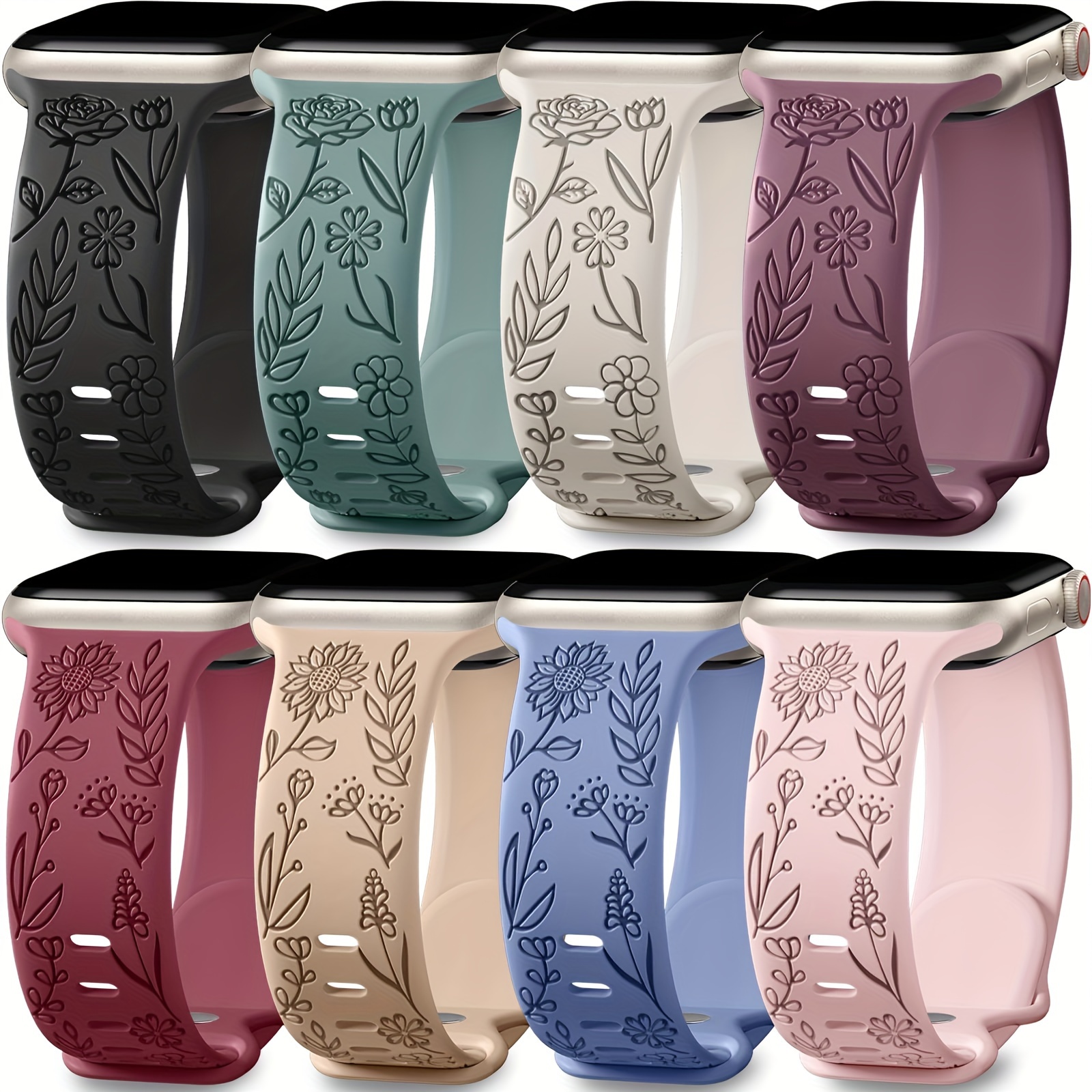 

8 Pack Bands For Women Apple Watch 40mm 41mm 38mm 42mm 44mm 45mm 49mm Iwatch Series 6 5 4 3 /1 2nd, Soft Silicone Floral Engraved Dressy Wrist Straps