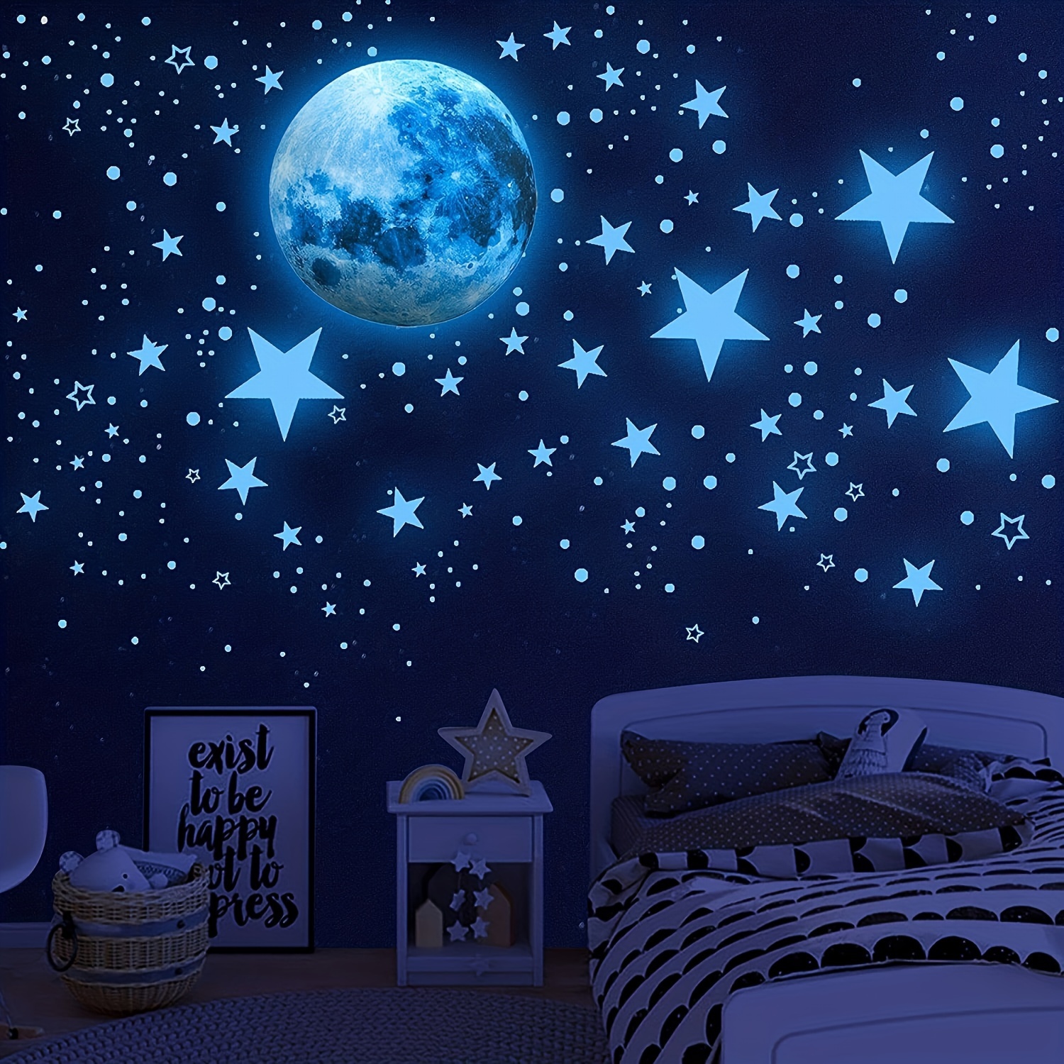1098pcs Ceiling Luminous Stars, Luminous Moon and Space Wall Stickers, Luminous Astronaut Universe Planet Galaxy Wall Stickers, Bedroom Decoration Gift Outer Space Stickers Sky Blue for Halloween and Christmas,christmas gifts