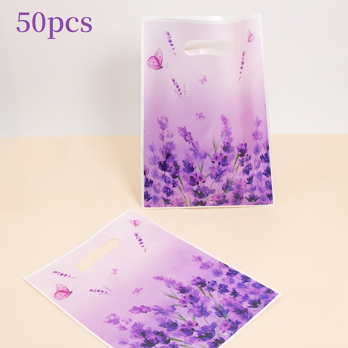 TEMU 50 Sacs Cadeaux en Plastique à Thème Lavande, Violet, avec de Lavande et Papillons, Design avec Poignée