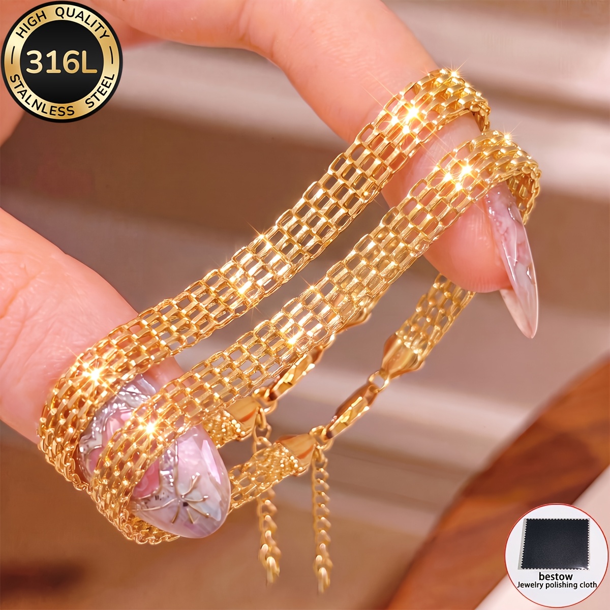TEMU 2pcs Of [+1 Jewelry Cleaning Cloth] Fashionable And Elegant Women's Woven 316l Stainless Steel High-quality Women's Bracelet, Waterproof And