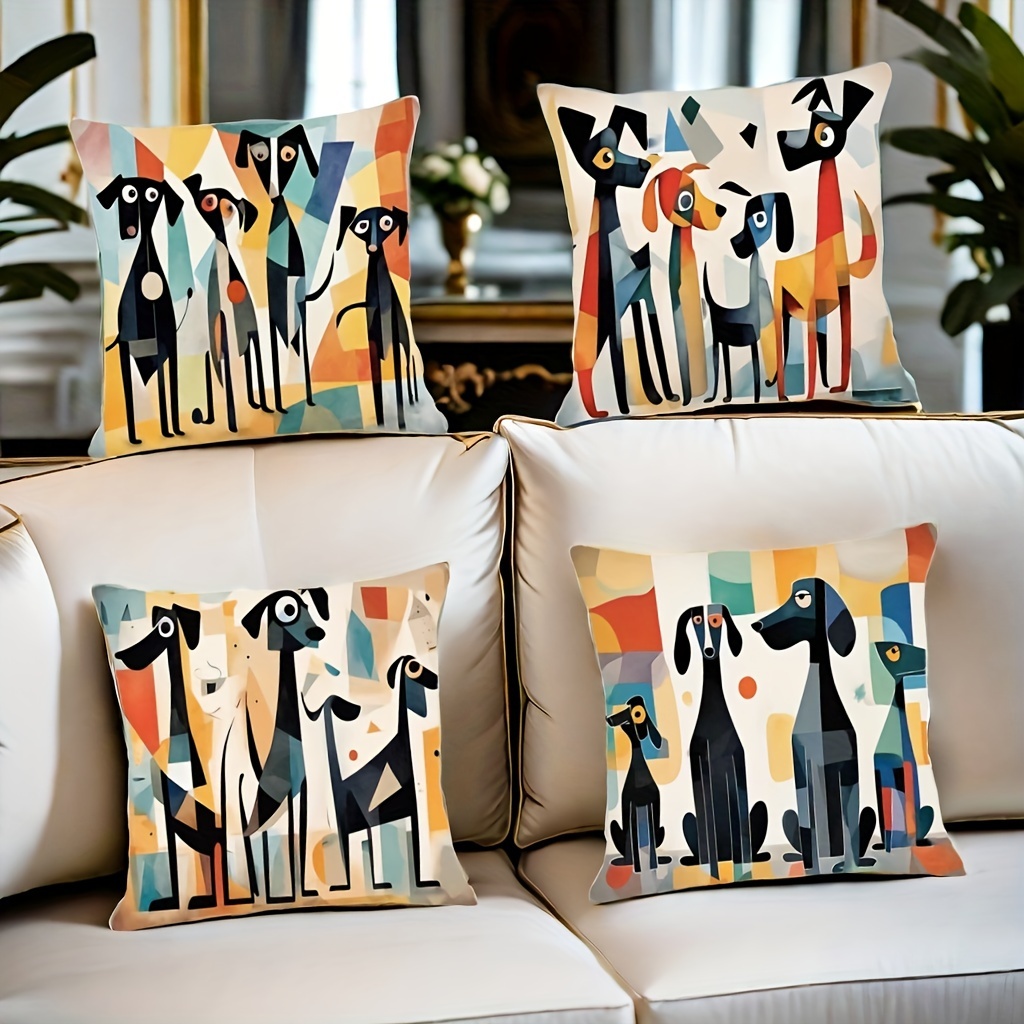 

4-piece Contemporary Abstract Dog Throw Pillow Covers, Color Polyester Decorative Cushions For Home, Bedroom, Sofa, Car, Office Decor - Machine Washable, Zipper Closure, Woven Fabric - No Insert