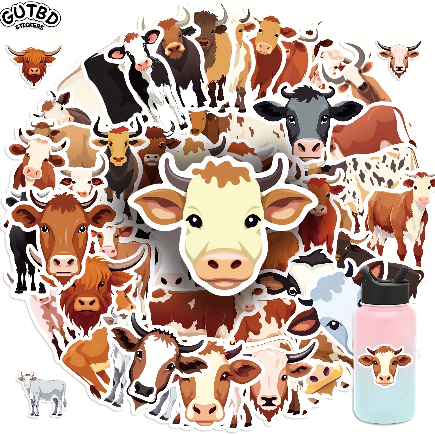 

Gutbd 50pcs Cartoon Cow Vinyl Stickers - Reusable, Self-adhesive, Irregular Shapes For Cars, Bikes, Laptops, Water Bottles, Walls - Perfect Gift Animals Sticker