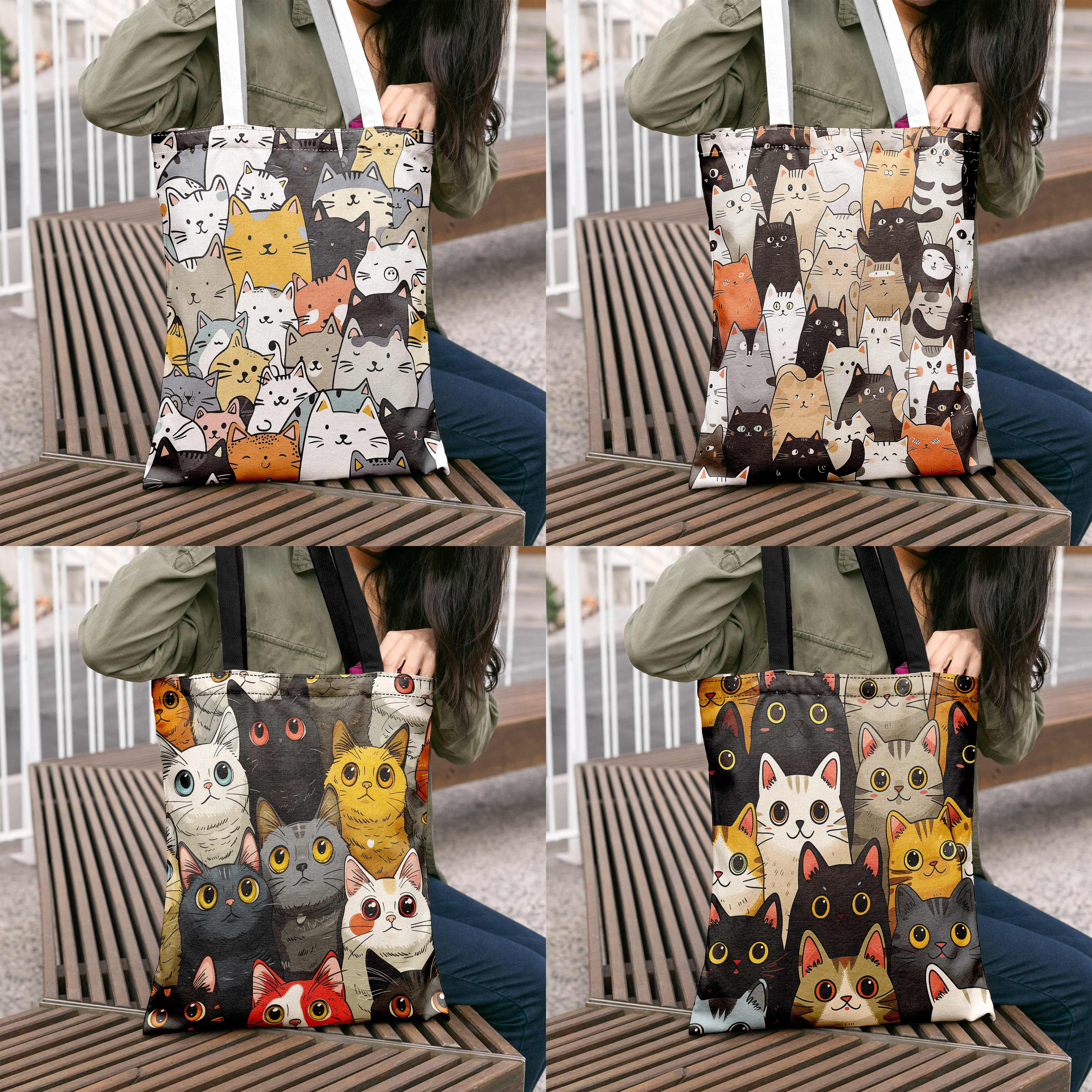 

Cute Cat Paradise Pattern Canvas Tote Bag, Large Capacity 13.58x14.96 Inches, Casual Style, Shoulder Bag For Cat Lovers