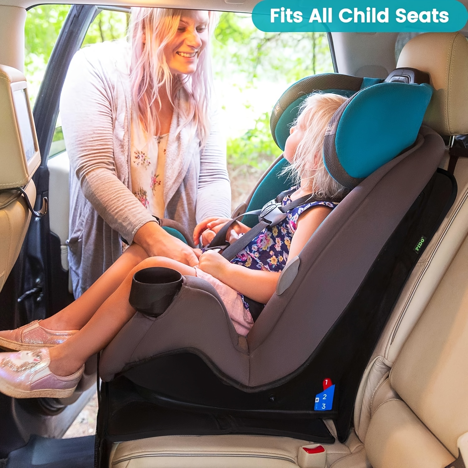 Car Seat Protector, Including 2 Headrest Hooks, Universal Non-Slip Auto Car Seat Protectors, 2 Mesh Pockets, Non-Slip Bottom, Thick Padding Cushion