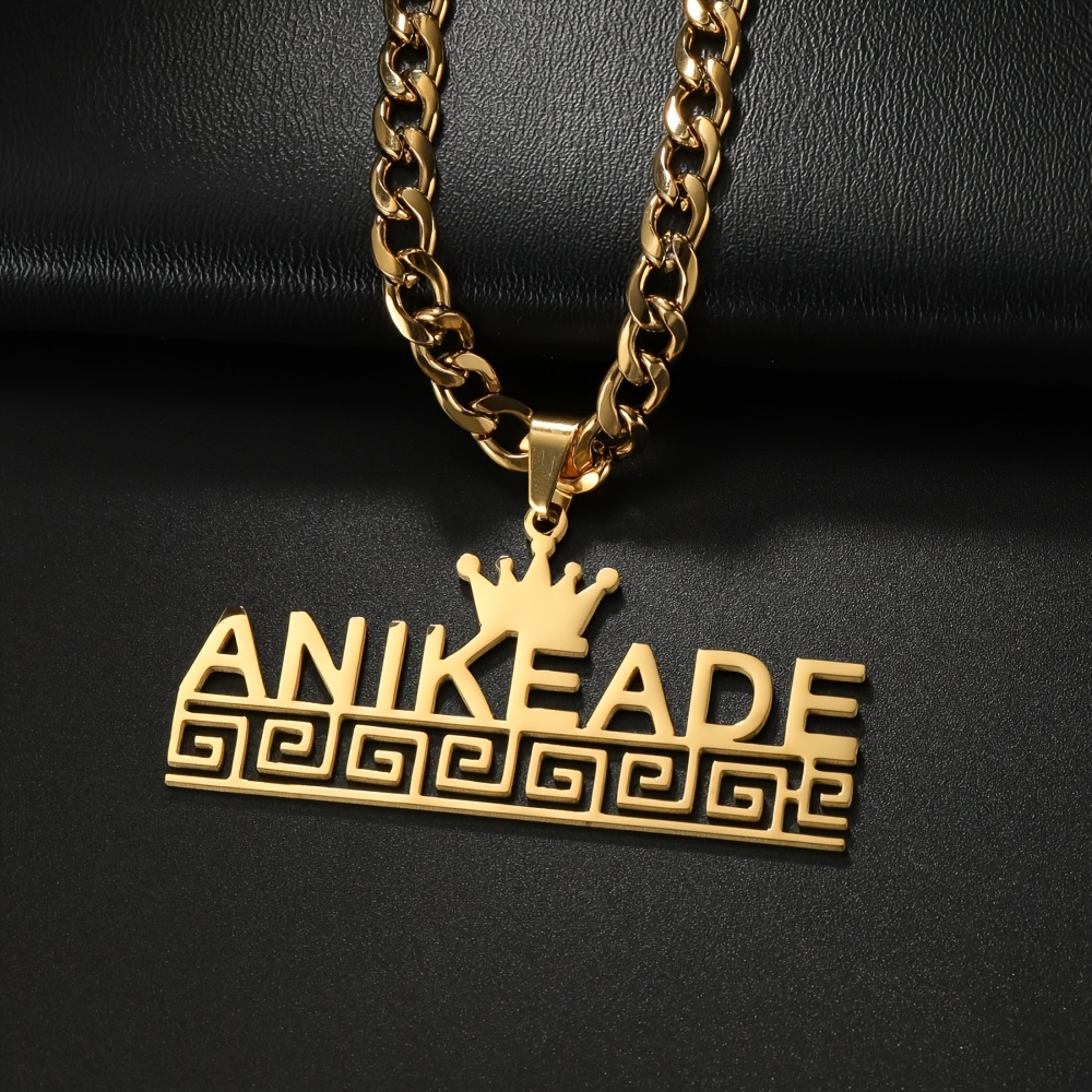 TEMU Custom Cuban Chain Crown Name Necklace Personalized Rope Chain Rectangle Frame Name Necklace Stainless Steel Bead Chain Leaf Nameplate Movable