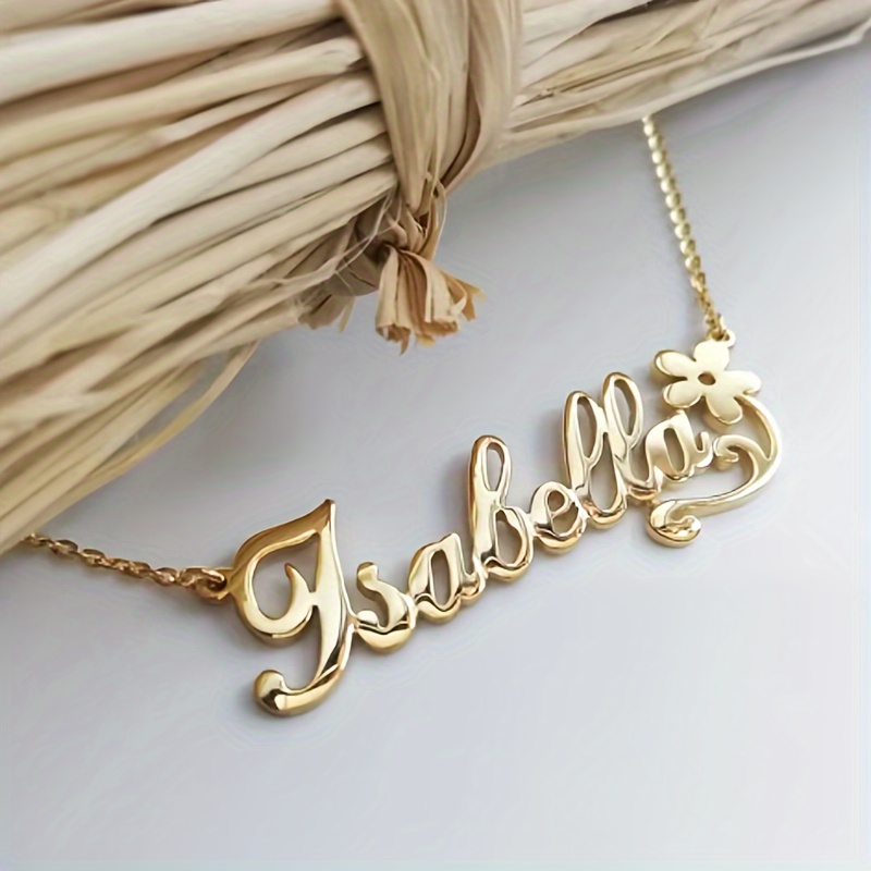 TEMU Custom Name Pendant Necklace For Women, Personalized Cursive Nameplate With Flower Charm, Boho , 18k Golden Plated Stainless Steel, Ideal For & Parties - No Holiday Specific