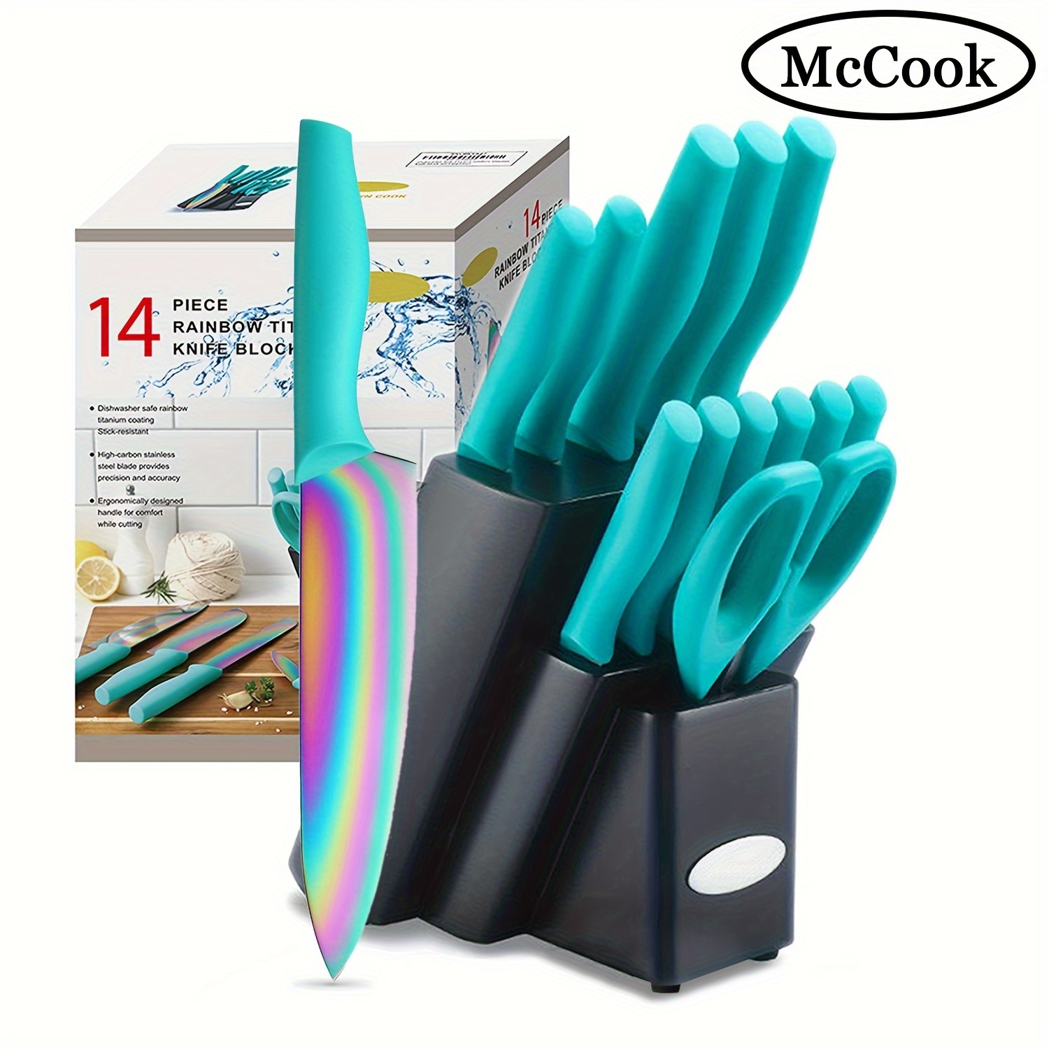 

Rainbow Knife Set, Mccook Tea27 Kitchen Knife Set Dishwasher Safe, 14pcs Rainbow Kitchen Knife Block Set, Titanium Cutlery Knife Set, Teal