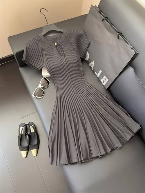european and cross border fashion for women a casual and elegant solid color short sleeve dress with a hollow round neck shoulder sleeves fitted design and a line hem with metal buttons spring and summer