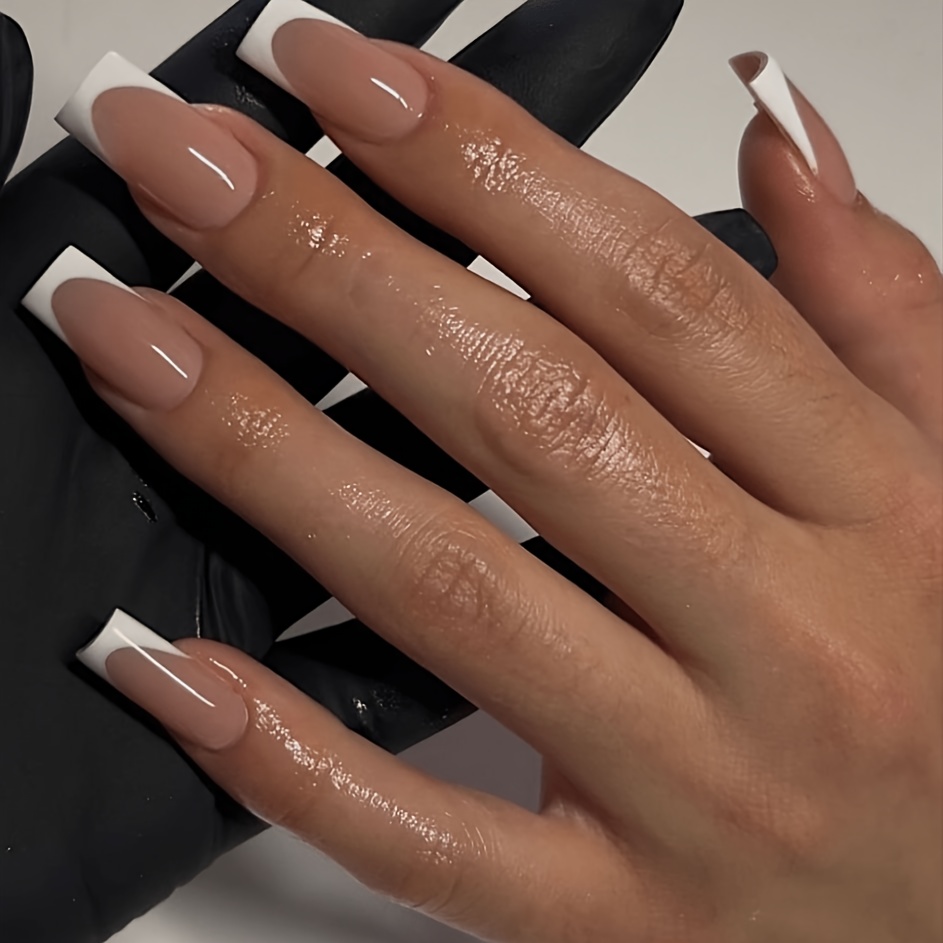 TEMU 96 stuks Franse Rand Vierkante Volledige Nagelplaten, Nude Roze Nagelverlengingskit, Verbetert Vingertop Schoonheid met Lijnkunst - Duurzaam en