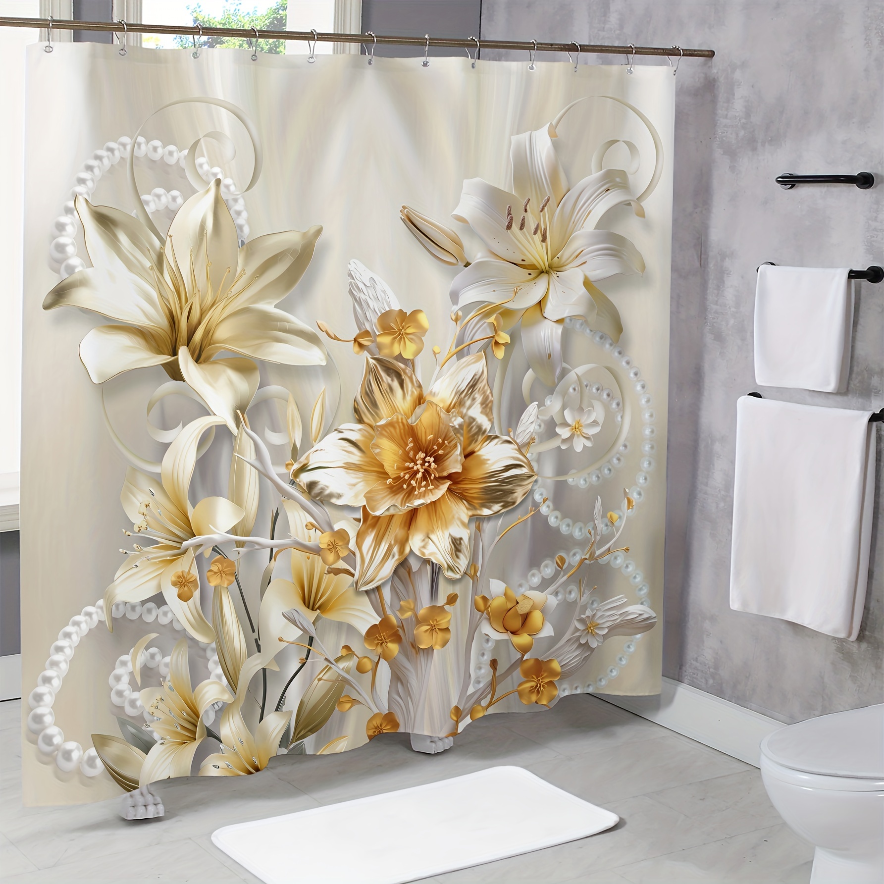 

1pc Luxurious Flower Pattern Shower Curtain, Waterproof Shower Curtain With Hooks, Bathroom Partition, Bathroom Accessories, Home Decor