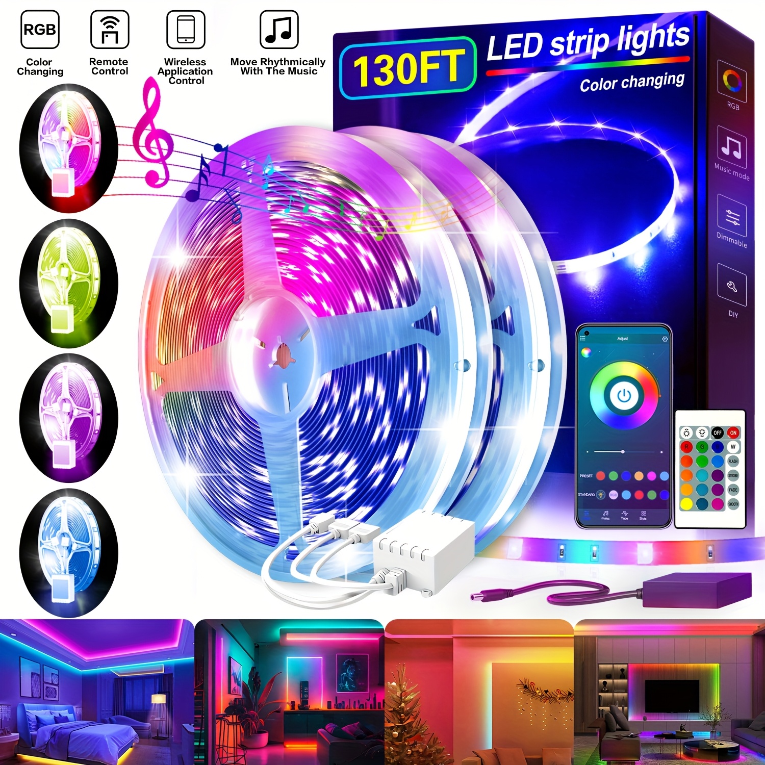 

130ft Rgb Led Smart Light Strip - Music , 24-key Remote & App, Us Plug 24v, 25-130ft , Color-changing, Ideal For Home, Party, Halloween & Christmas Decor