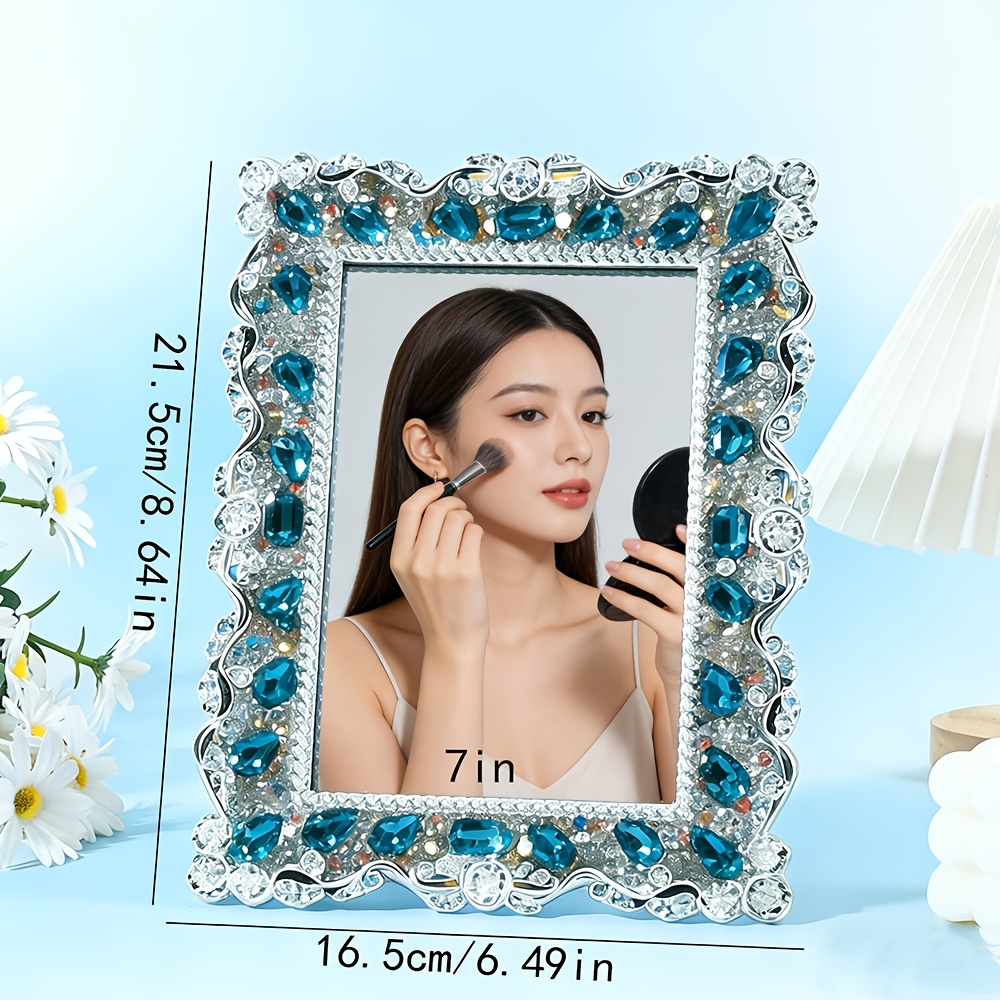 TEMU 럭셔리 빈티지 블루 젬 & 장식 메이크업 거울, 침실 화장대용 우아한 은빛 화려한 장식 액자형 화장거울, 반짝이는 라인스톤 테두리가 있는 휴대용 화장 거울, 뷰티 선물 & 홈 데코용으로 완벽