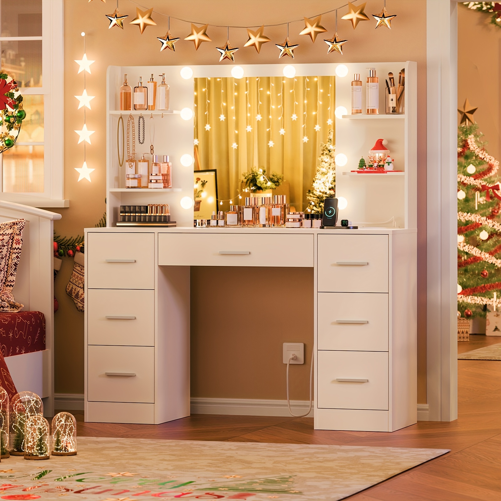 TEMU Athwel Large Vanity Desk With Led Lighted Mirror & Power Outlet, Makeup Vanity Table With 7 Drawers, 4 Shelves And 5 Hooks, Vanity Table, Vanity Desk Set For Bedroom, Bathroom