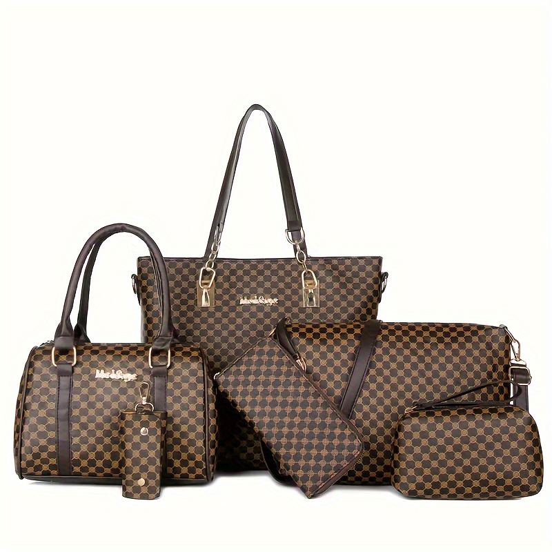 6pcs Women'S Fashionable Geometric Print PU Handbag Set