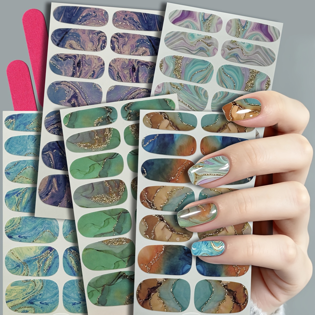 TEMU Marble Swirl Glitter Nail Sticker Full Sheet Set With Nail File, Waterproof Long-lasting Nail Polish Sticker Self-adhesive Wearable Nail