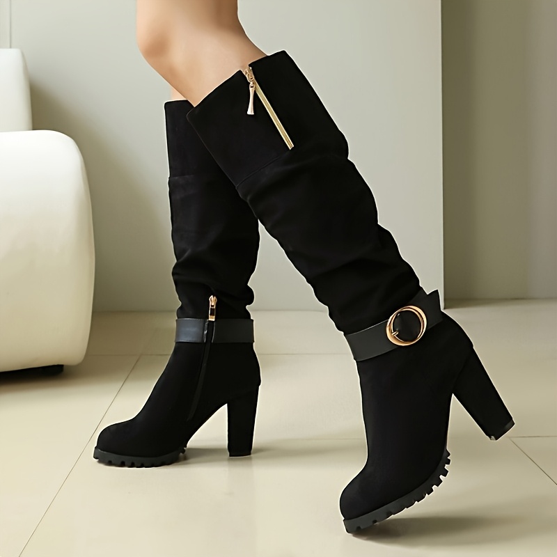TEMU Women's Knee High Stacked Heel Boots With Side Zipper And Metal Strap, Fashion Ruched Tall Booties For Daily Dating Party Wear, Trendy Versatile