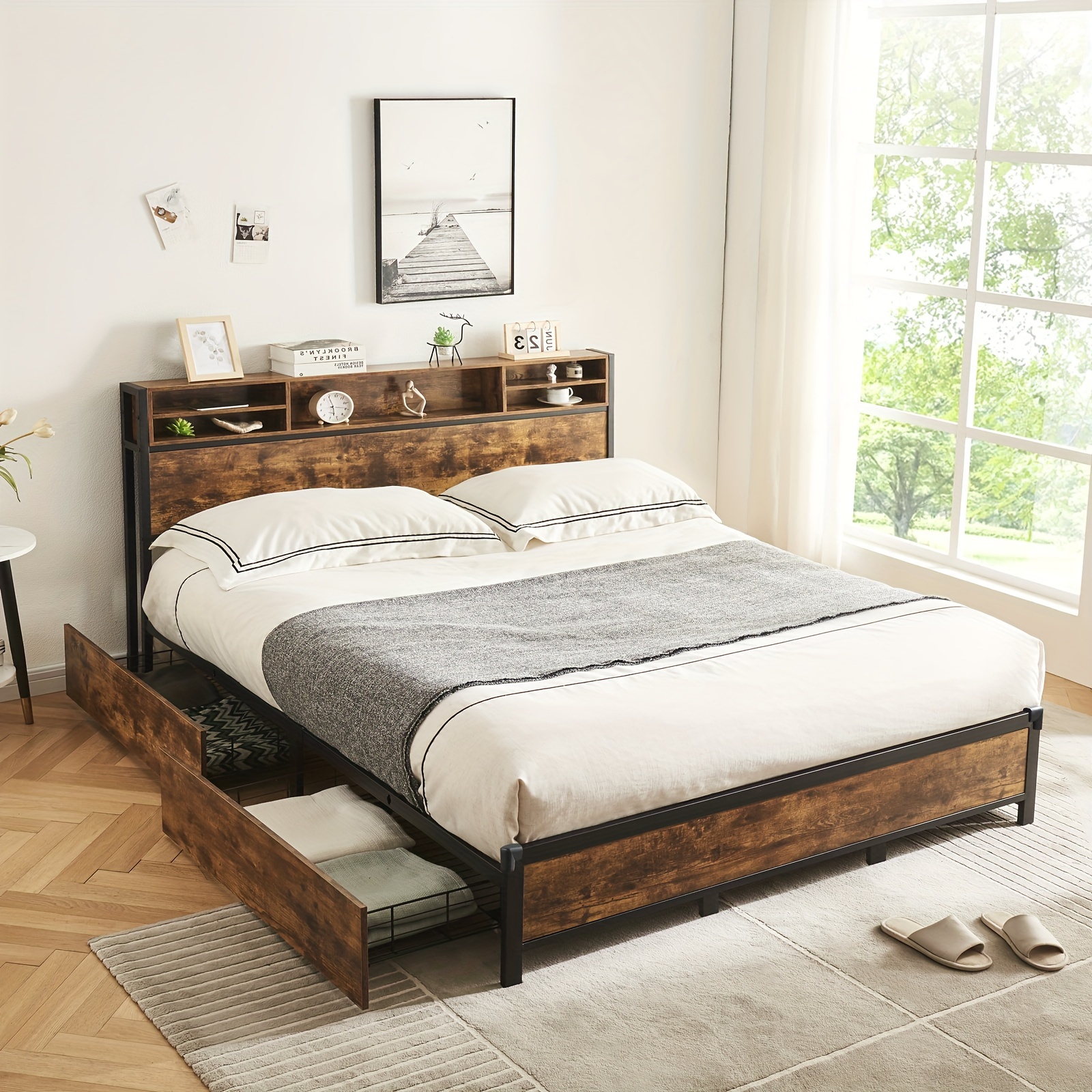 

King Size Bed Frame With Bookcase Headboard And 4 Storage Drawers