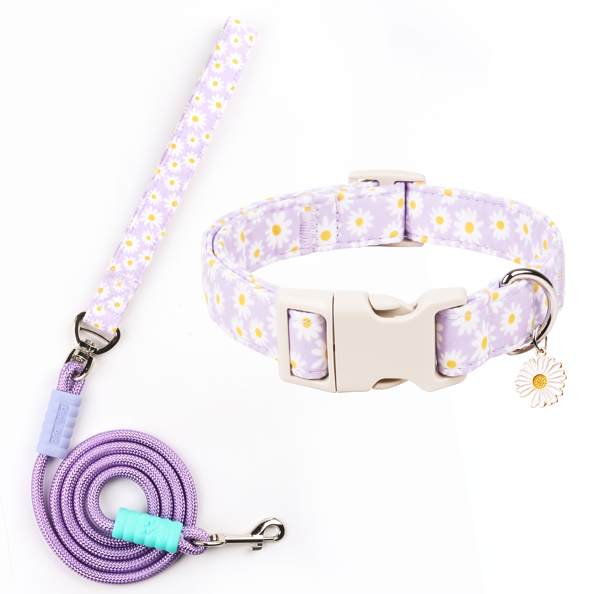 E-shop Frühlings-Gänseblümchen Blumen Hundehalsband + Leine Set mit Schnellverschluss – Helllila mit Weiß & Gelb, Weiches Niedliches