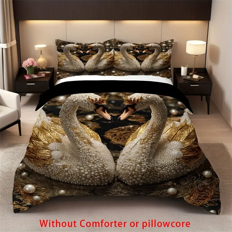 2 3pcs swan duvet cover set 1 duvet cover 1 2 pillowcase without core romantic print soft comfortable bedding set for couples for bedroom dorm room family gift Product details 0