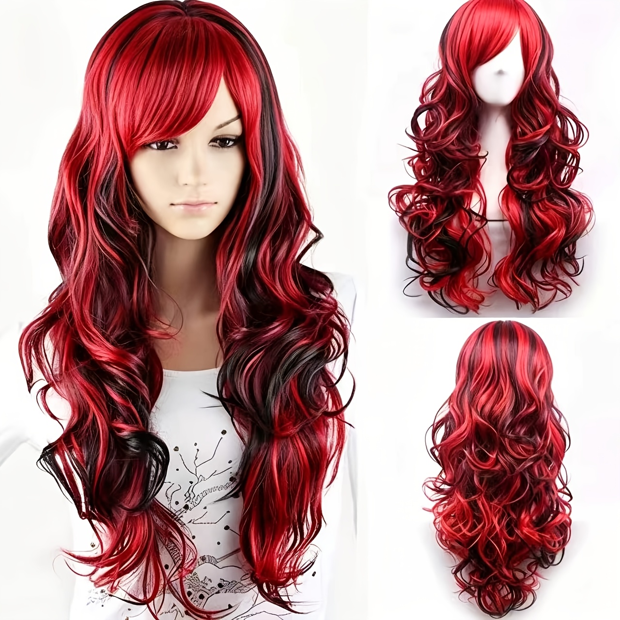 TEMU Red And Black Ombre Long Wavy Curls, Face-framing Side Bangs, And Heat-resistant Synthetic Fiber Hair. Designed For Halloween Anime Cosplay,