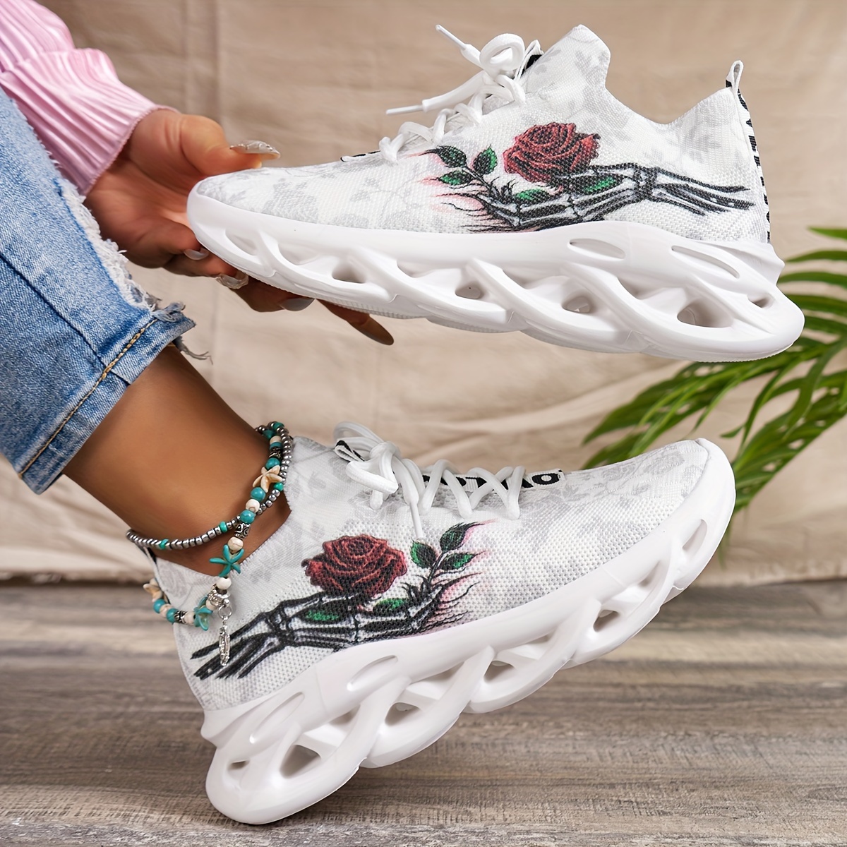 

Women's Rose Pattern Chunky Sneakers, Stylish Breathable Low Top Sports Shoes, Comfy Outdoor Walking Trainers