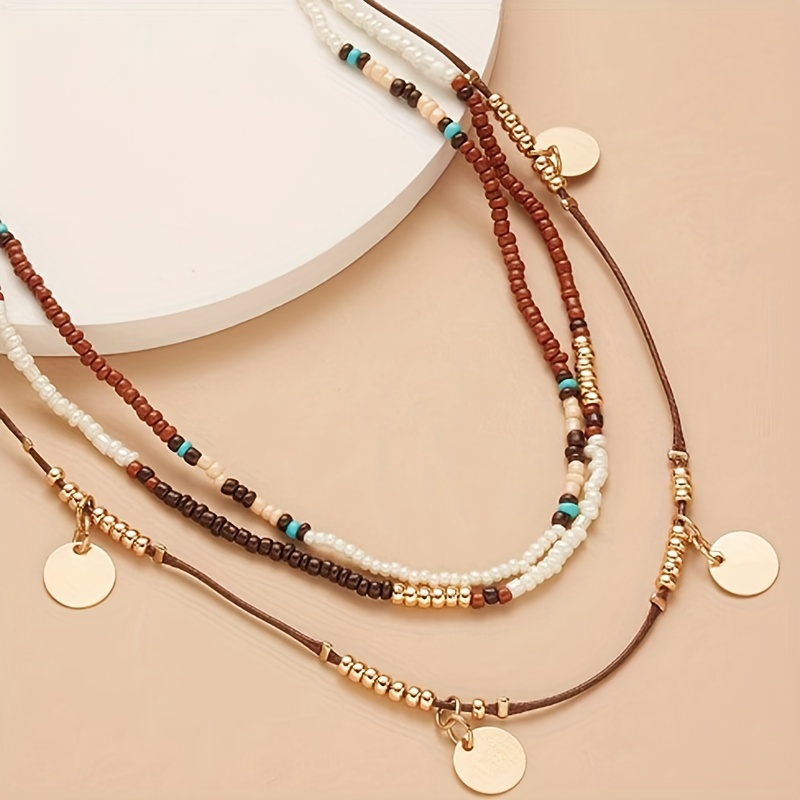 

Bohemian Style Multi-layer Beaded Choker Necklace, Fashionable Trendy Clavicle Chain With Various Beads And Golden Disc Decor