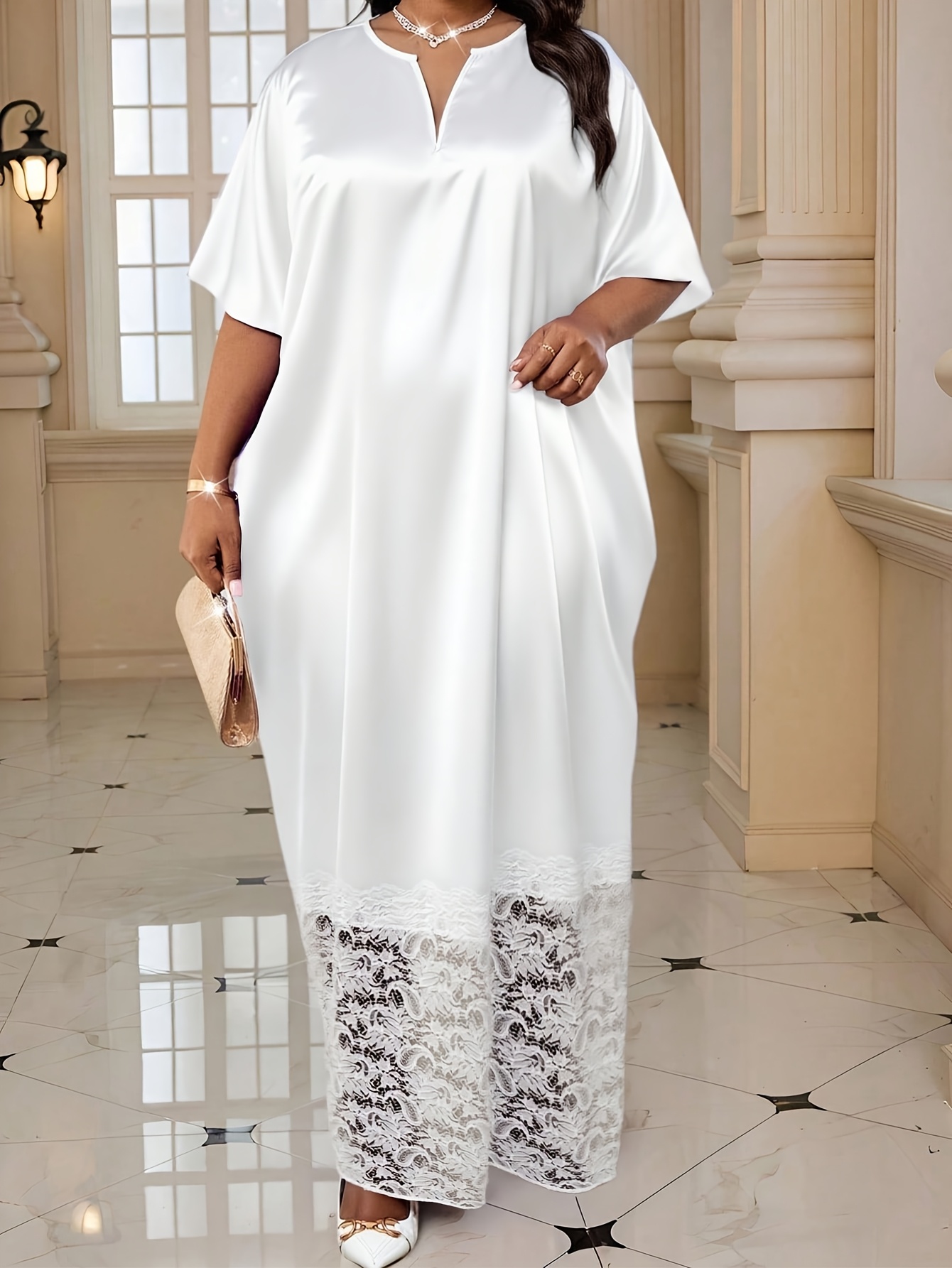 Plus Size - Plus Size - Plus Size Women'S Elegant Lace V-Neck Wedding Guest Dress, Stylish Long Formal Party Dress