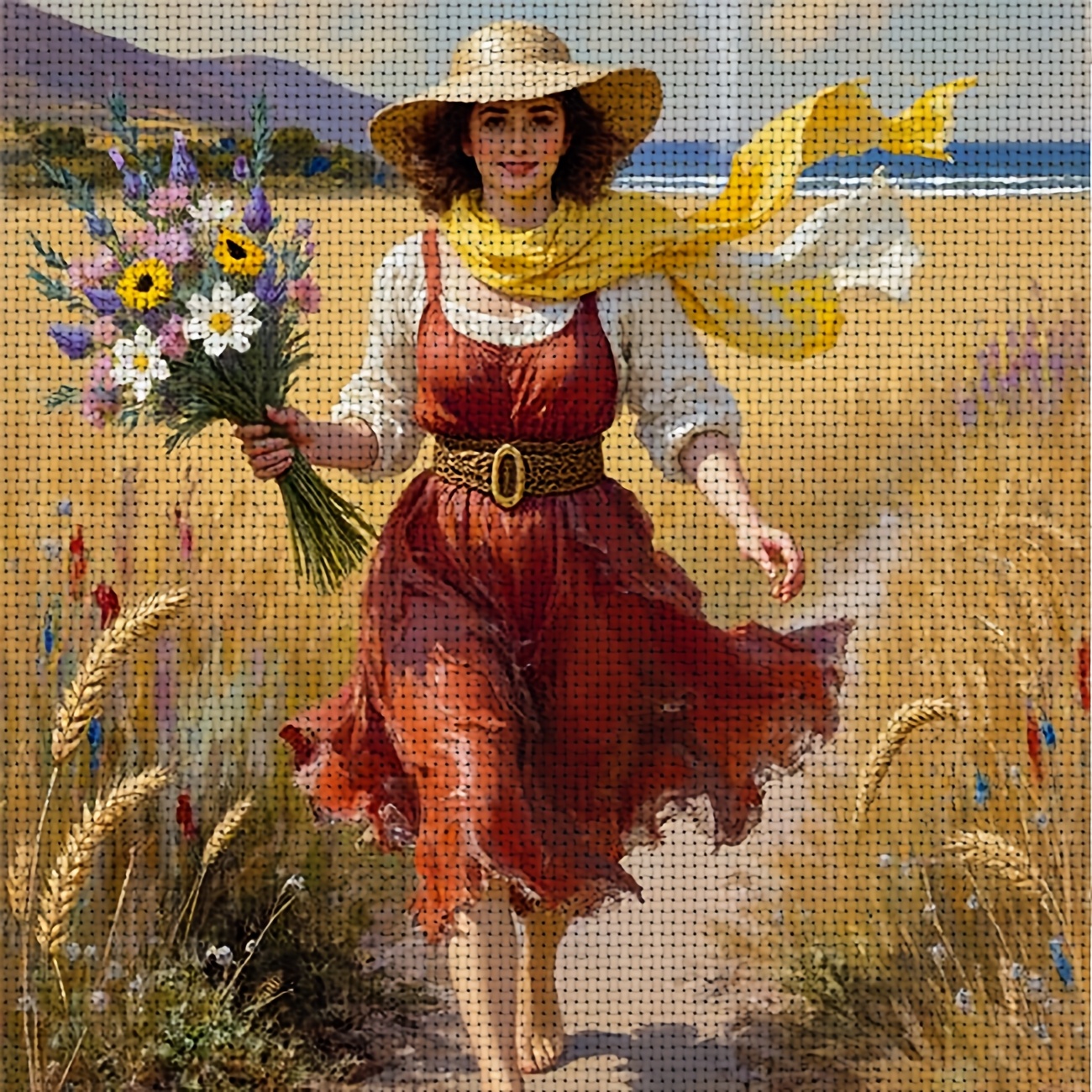 TEMU 1pc Cross Stitch Kit, "woman Walking In Flower " | Includes Printed Canvas, Needles, Pattern, And Instructions, Ideal For Beginners, Perfect For