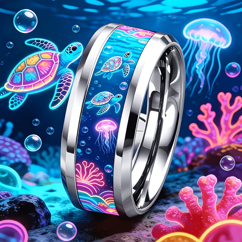 Neon Underwater Turtle & Jellyfish Print Stainless Steel Ring