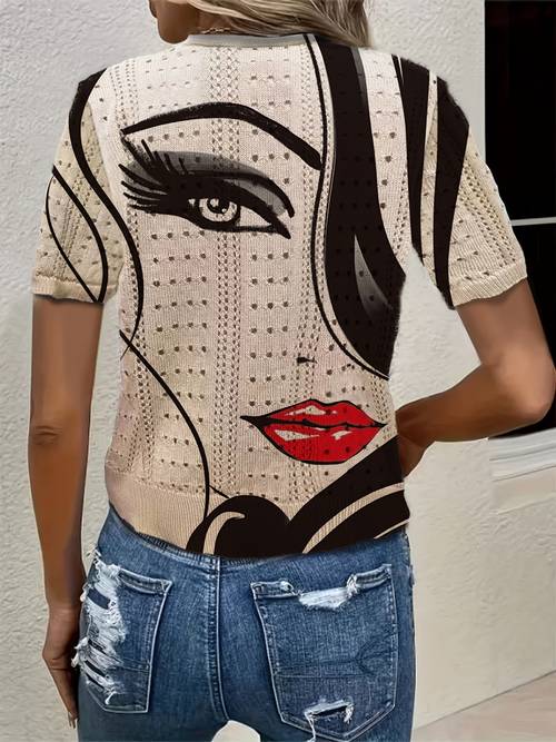 light khaki abstract portrait with eyebrows eyes and red lips art print openwork v neck single breasted short sleeve cardigan openwork breathable cardigan niche art portrait print short outer layer vintage color lips short sleeve