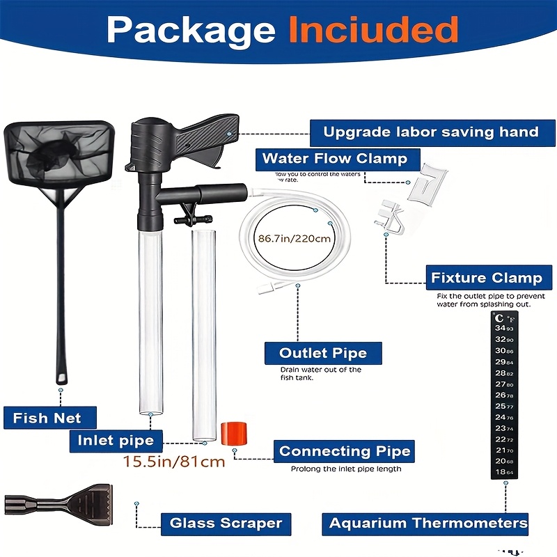 aquarium gravel cleaner   changer siphon vacuum cleaner with temperature gauge fish tank cleaning tool aquarium vacuum gravel cleaner with   button fish tank siphon for water change adjustable   controller with fish net Product details 1