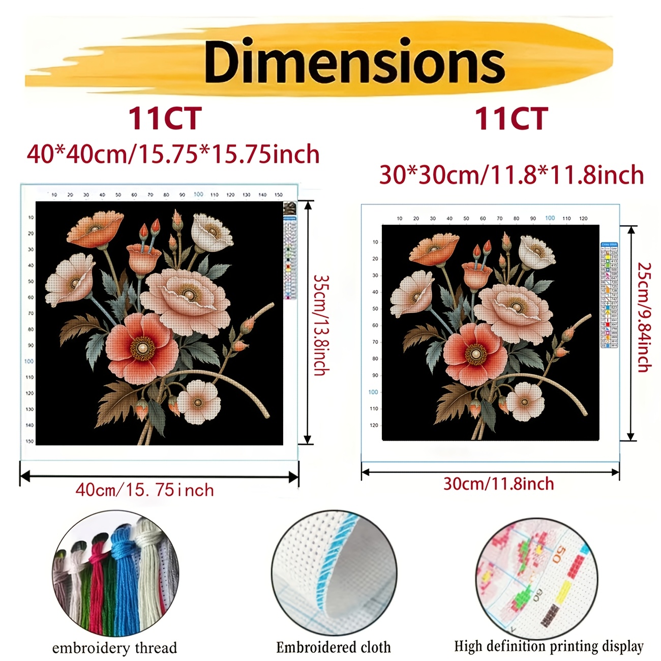 Cross-Stitch Printing Kit, Colorful Bouquet on Black Background
