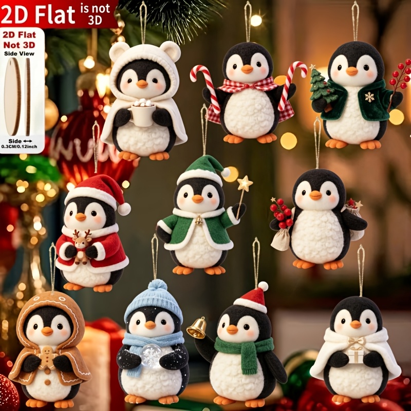 TEMU 2d Flat 10pcs Cute Penguin Wooden Christmas Ornaments, Classic Holiday Element Printed Decorative Shapes, For Christmas And New Year Decor And