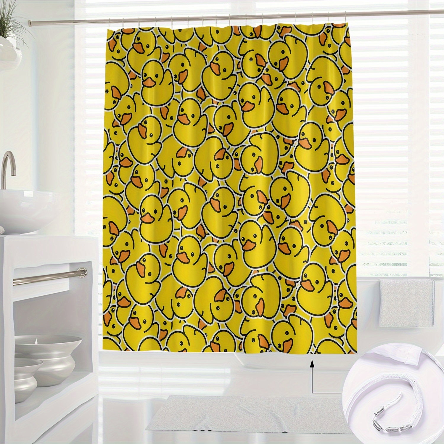 

1pc Cute Yellow Duck Cartoon Shower Curtain - Waterproof, Machine Washable With Hooks Included - Modern Nordic Bathroom Decor